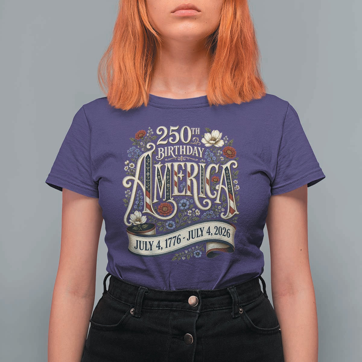 Floral America 250th Birthday T Shirt For Women 4th of July America 250 Years Retro