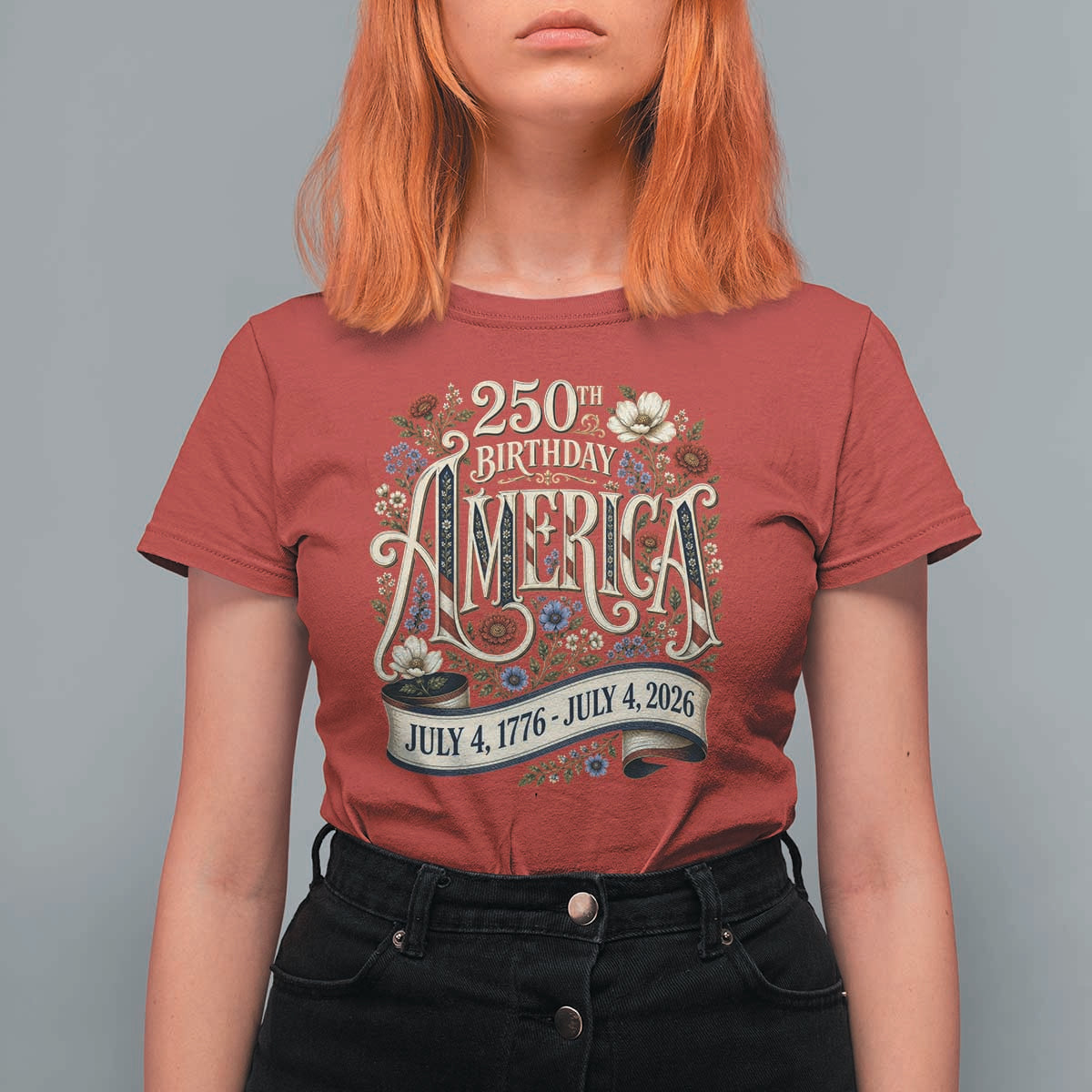 Floral America 250th Birthday T Shirt For Women 4th of July America 250 Years Retro