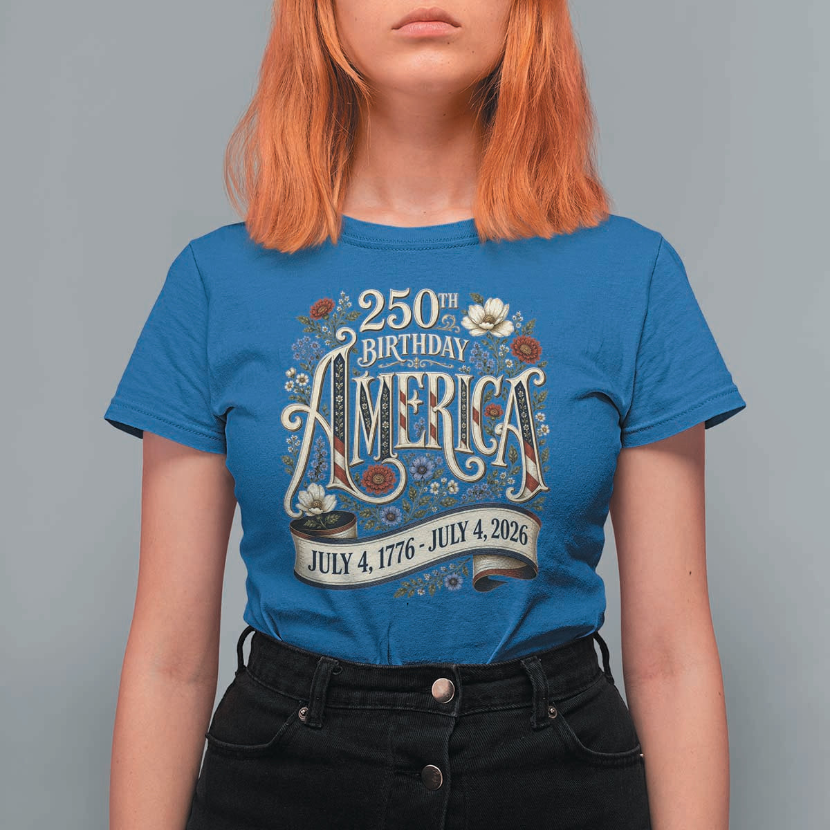 Floral America 250th Birthday T Shirt For Women 4th of July America 250 Years Retro
