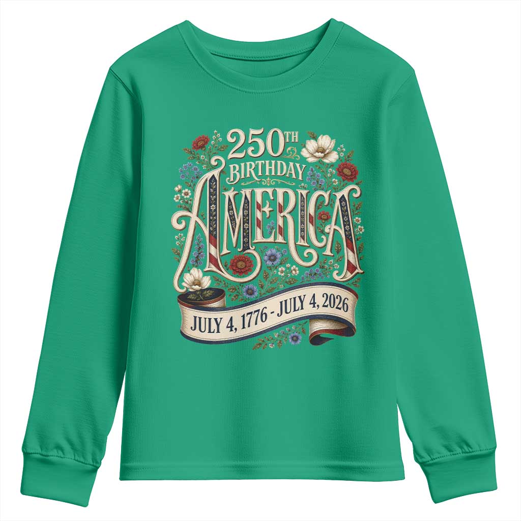 Floral America 250th Birthday Youth Sweatshirt 4th of July America 250 Years Retro