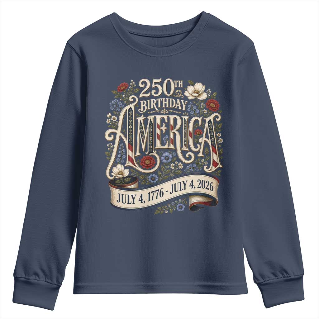 Floral America 250th Birthday Youth Sweatshirt 4th of July America 250 Years Retro