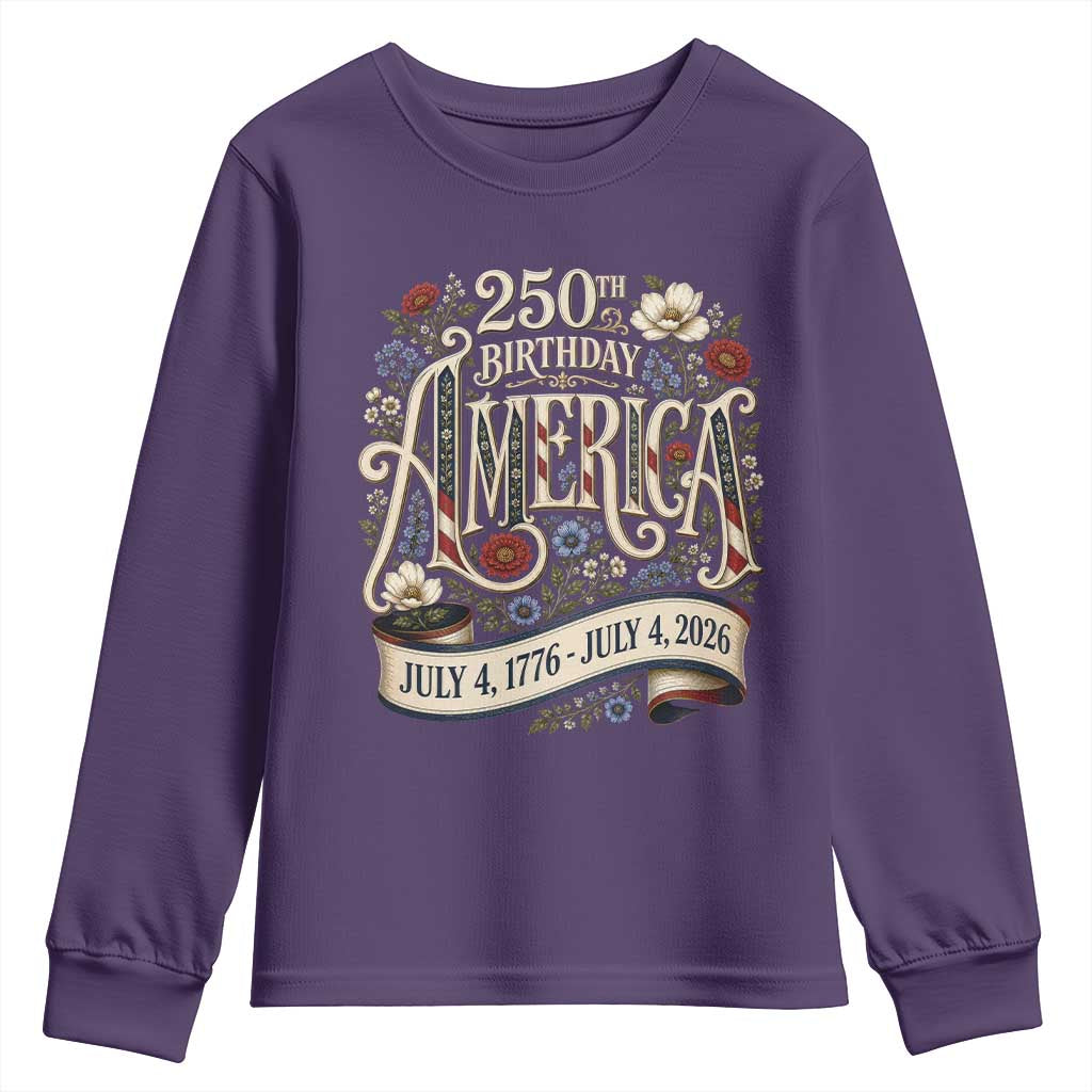 Floral America 250th Birthday Youth Sweatshirt 4th of July America 250 Years Retro