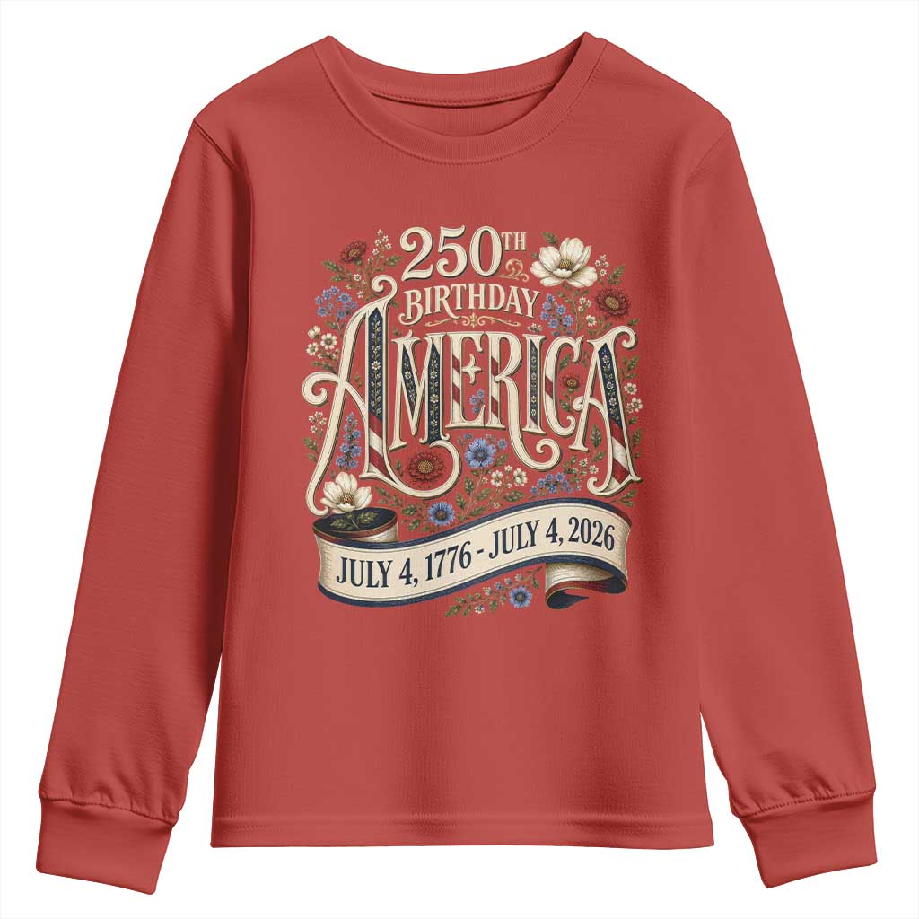 Floral America 250th Birthday Youth Sweatshirt 4th of July America 250 Years Retro