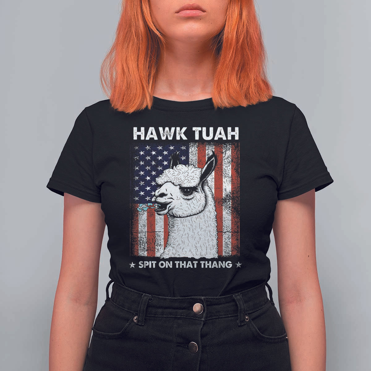 Funny Llama T Shirt For Women Hawk Tuah Spit On That Thang American Flag - Wonder Print Shop