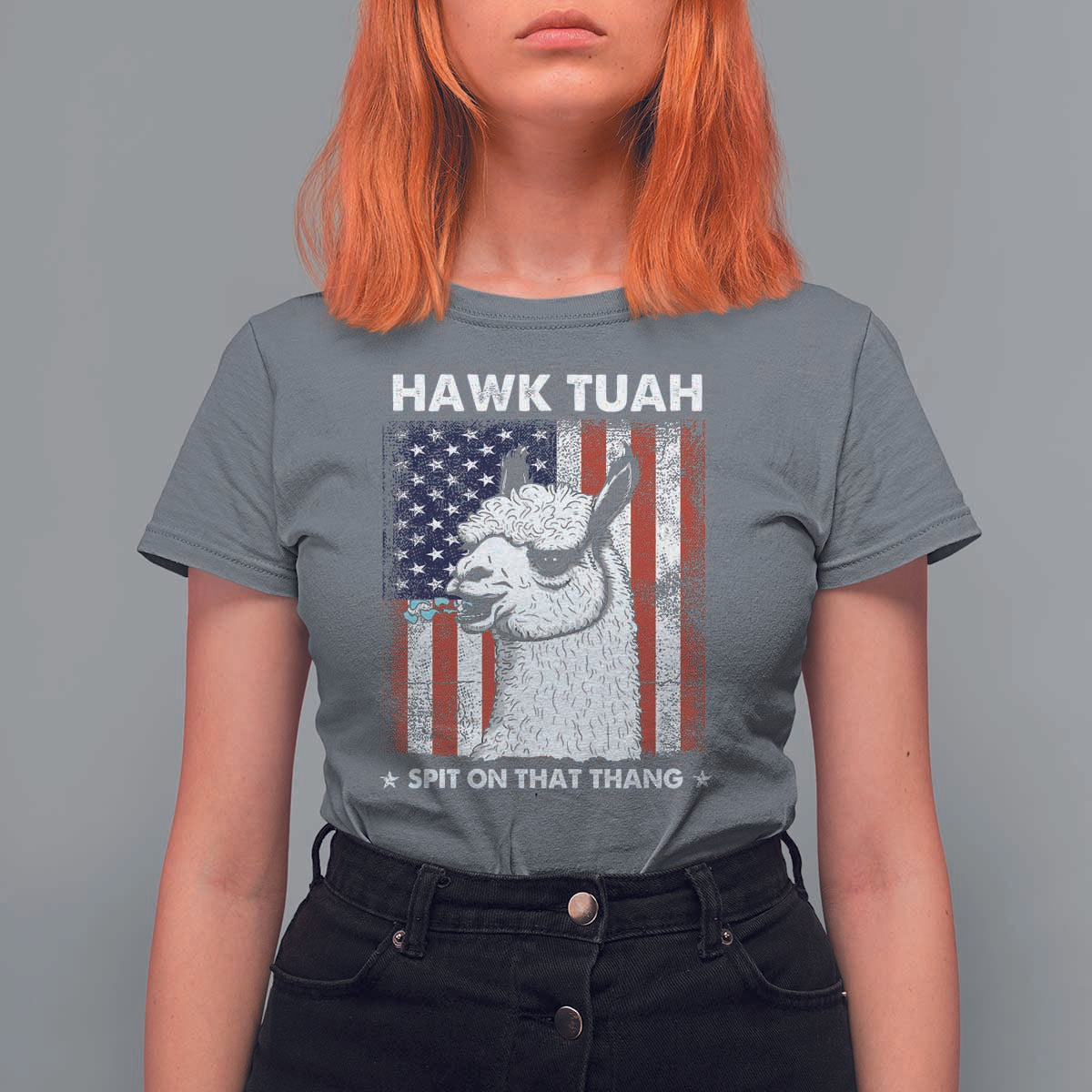 Funny Llama T Shirt For Women Hawk Tuah Spit On That Thang American Flag - Wonder Print Shop