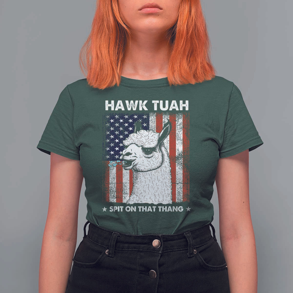Funny Llama T Shirt For Women Hawk Tuah Spit On That Thang American Flag - Wonder Print Shop