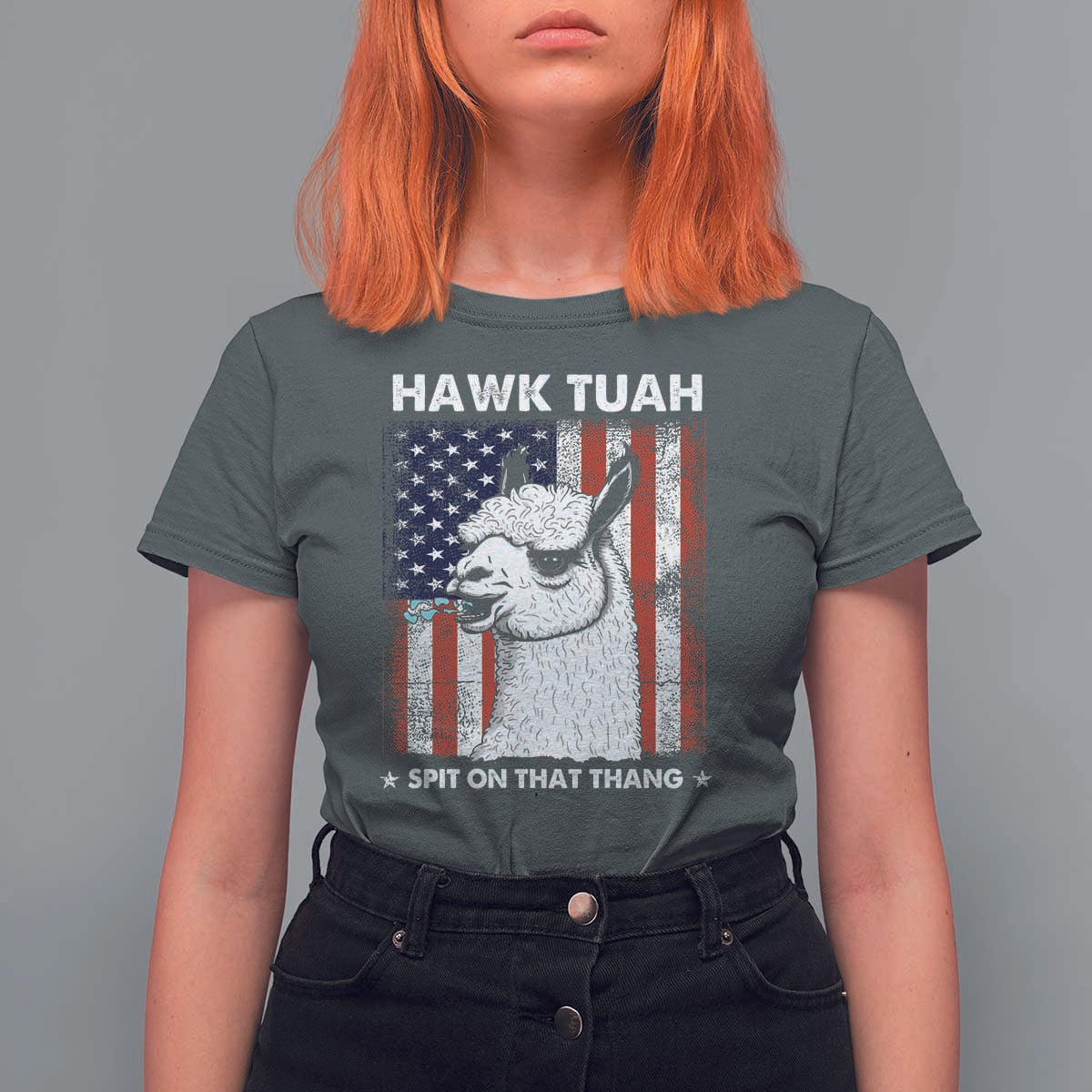 Funny Llama T Shirt For Women Hawk Tuah Spit On That Thang American Flag - Wonder Print Shop