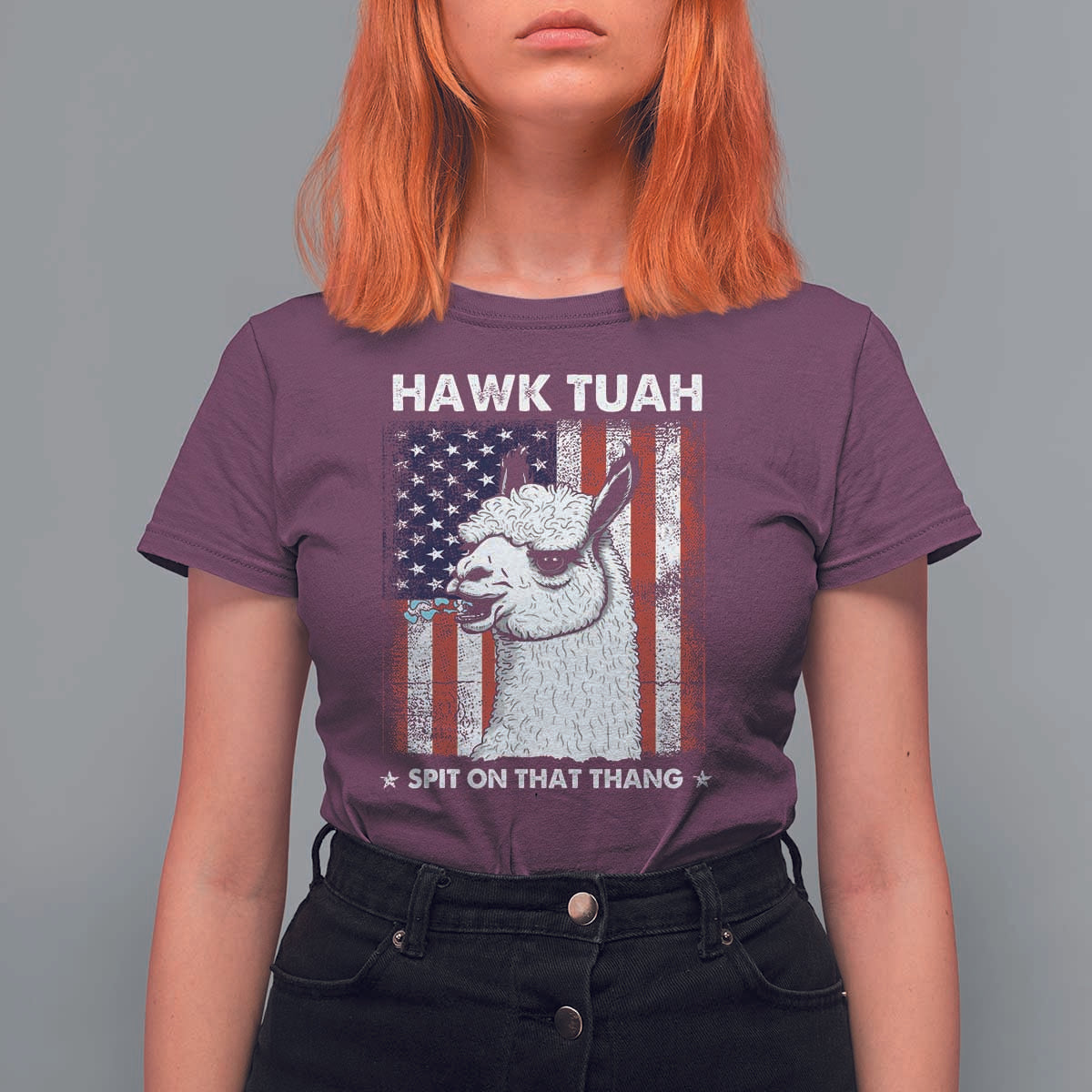 Funny Llama T Shirt For Women Hawk Tuah Spit On That Thang American Flag - Wonder Print Shop