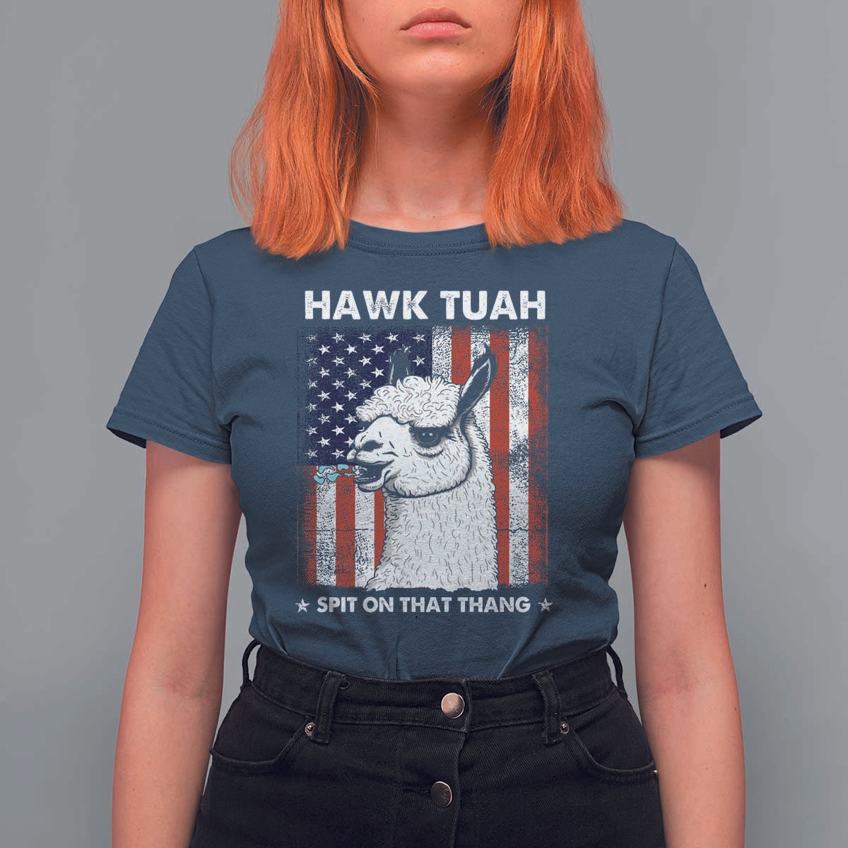 Funny Llama T Shirt For Women Hawk Tuah Spit On That Thang American Flag - Wonder Print Shop
