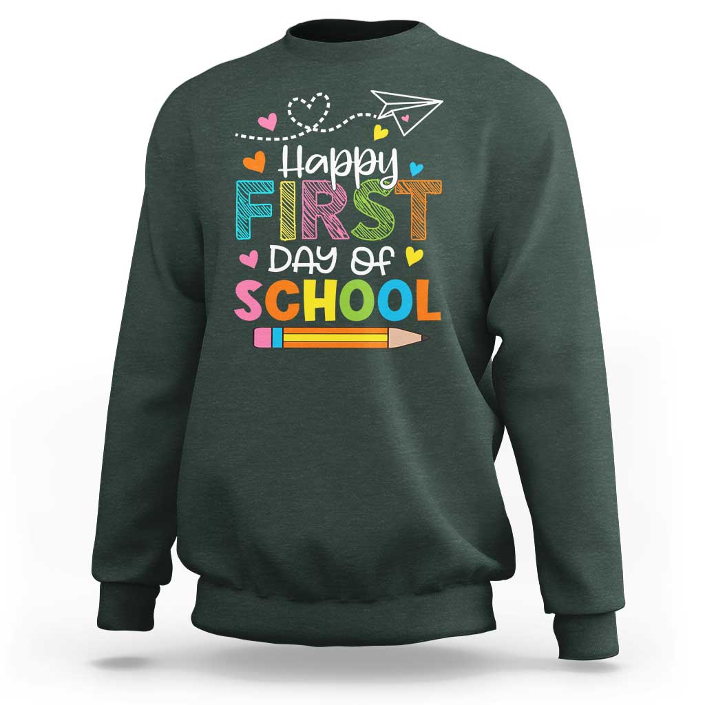Happy First Day Of School Sweatshirt Cute Pencil Paper Plane Heart - Wonder Print Shop