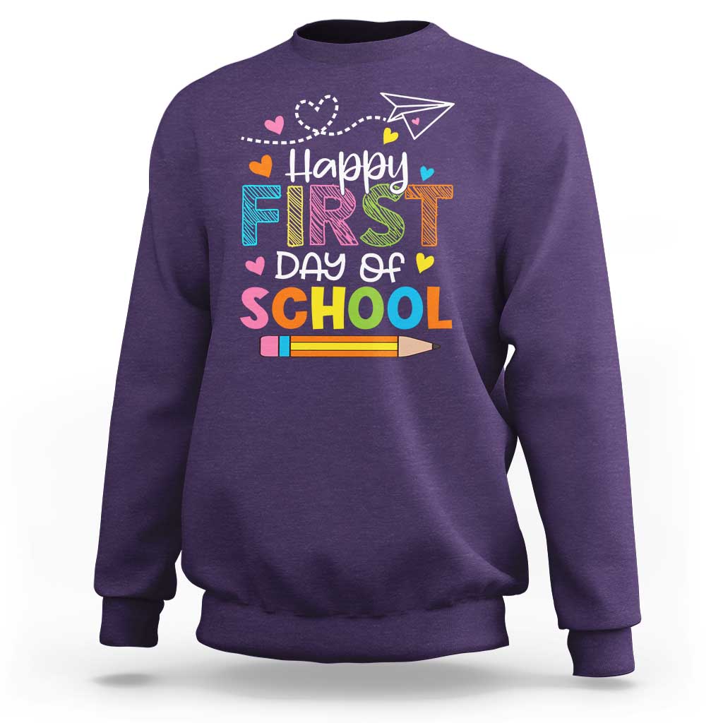 Happy First Day Of School Sweatshirt Cute Pencil Paper Plane Heart - Wonder Print Shop