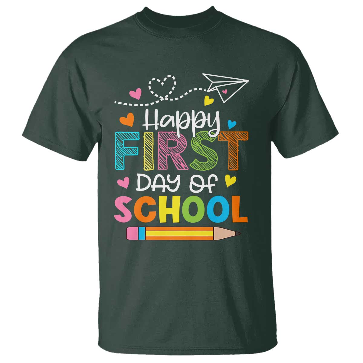 Happy First Day Of School T Shirt Cute Pencil Paper Plane Heart - Wonder Print Shop