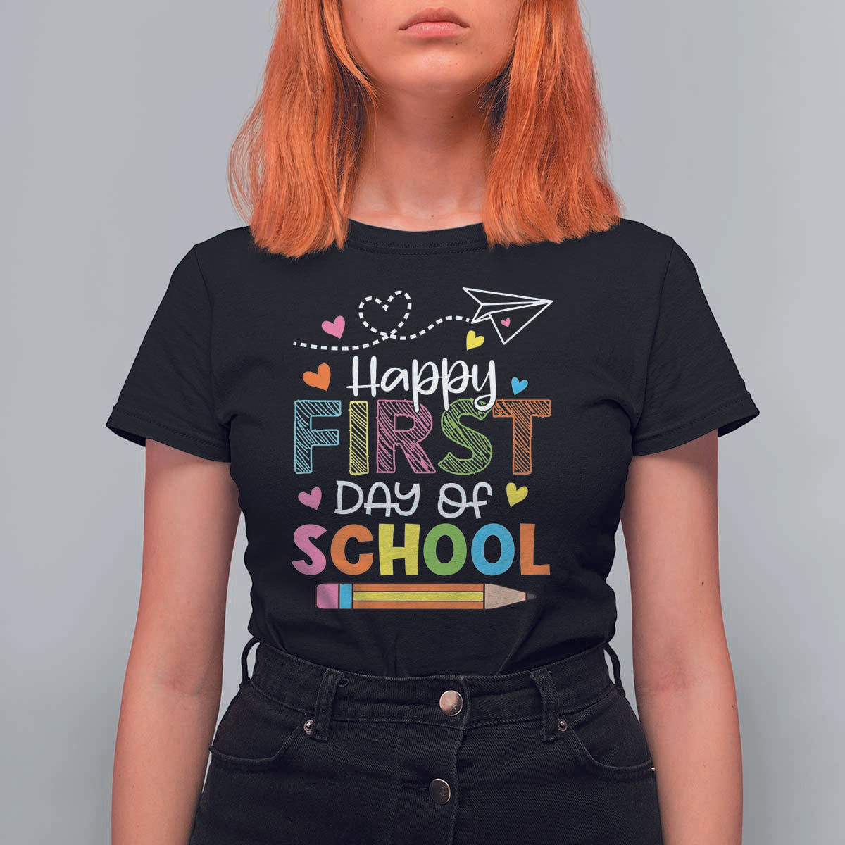 Happy First Day Of School T Shirt For Women Cute Pencil Paper Plane Heart - Wonder Print Shop
