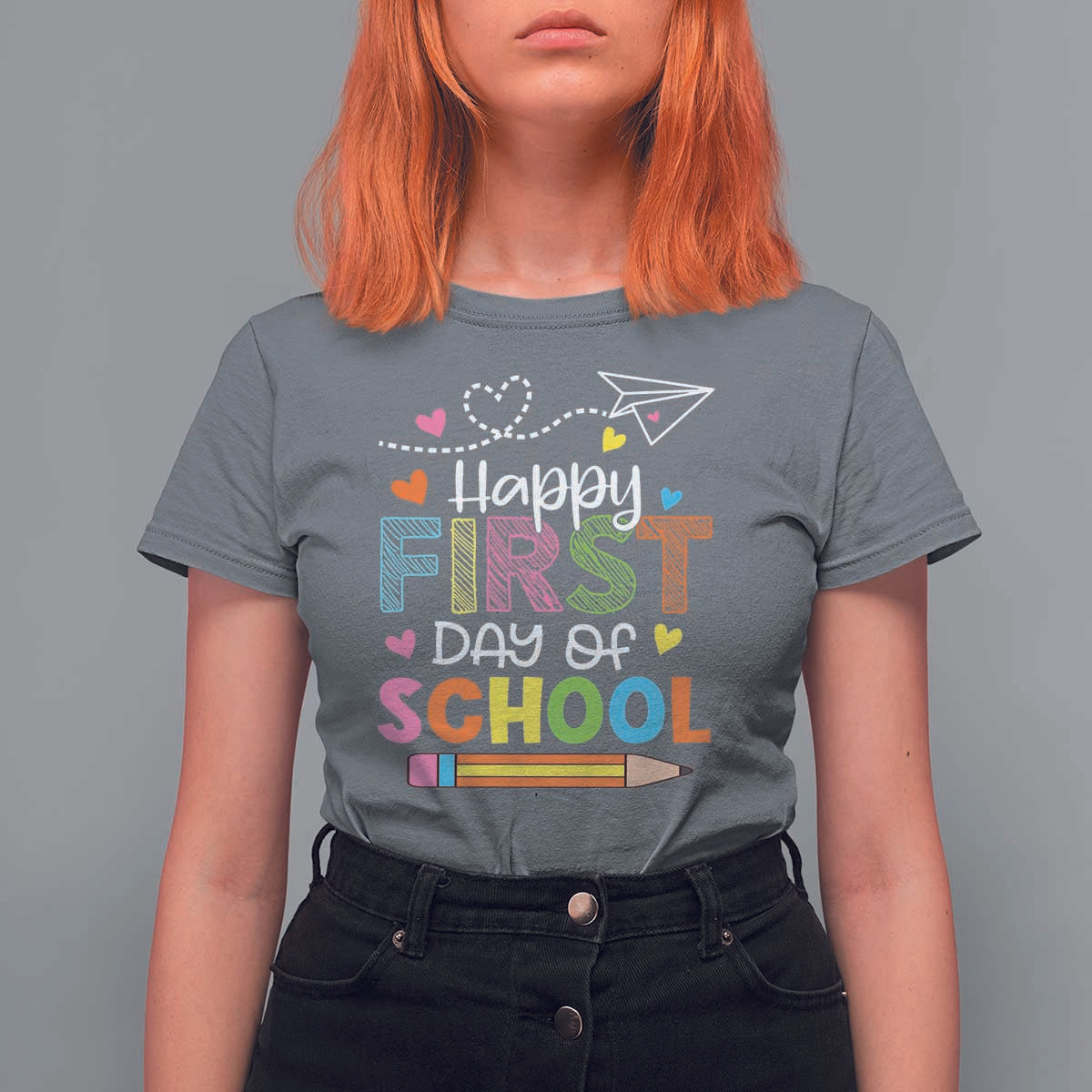 Happy First Day Of School T Shirt For Women Cute Pencil Paper Plane Heart - Wonder Print Shop