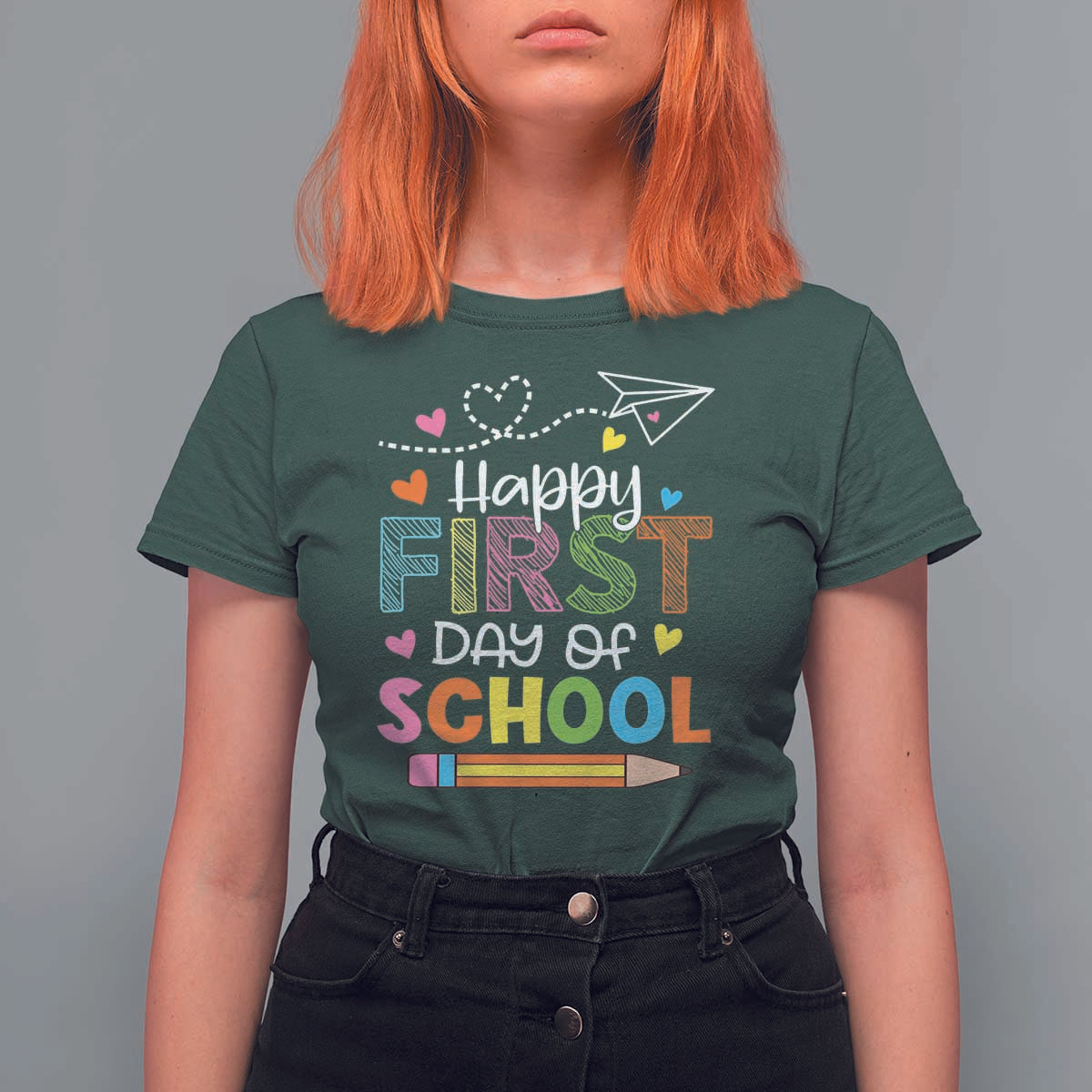 Happy First Day Of School T Shirt For Women Cute Pencil Paper Plane Heart - Wonder Print Shop