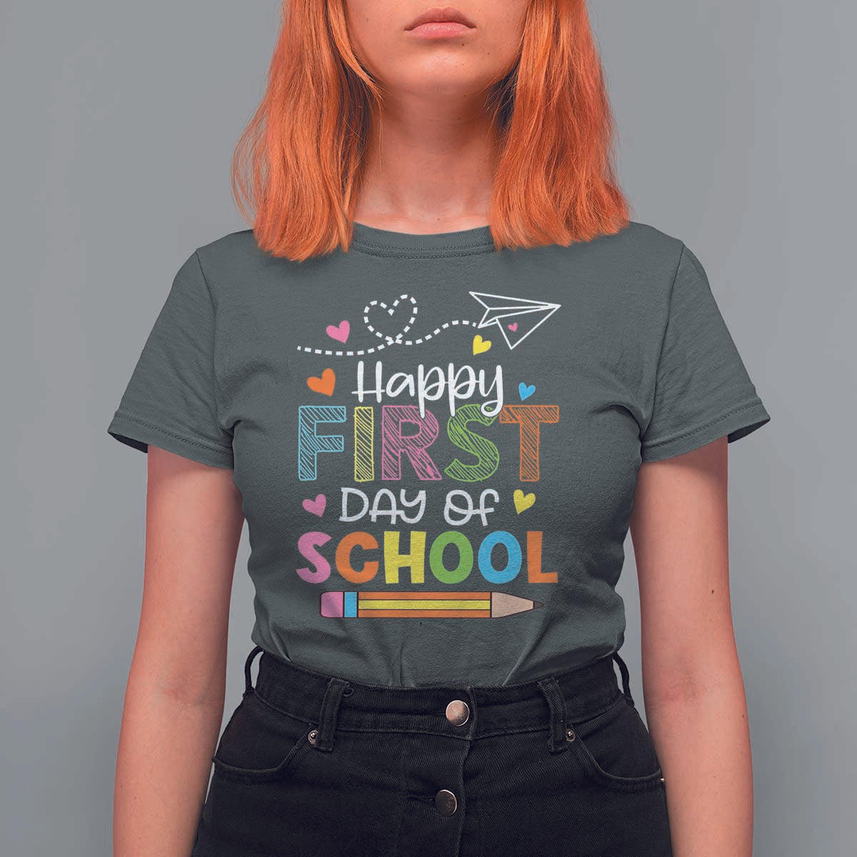 Happy First Day Of School T Shirt For Women Cute Pencil Paper Plane Heart - Wonder Print Shop