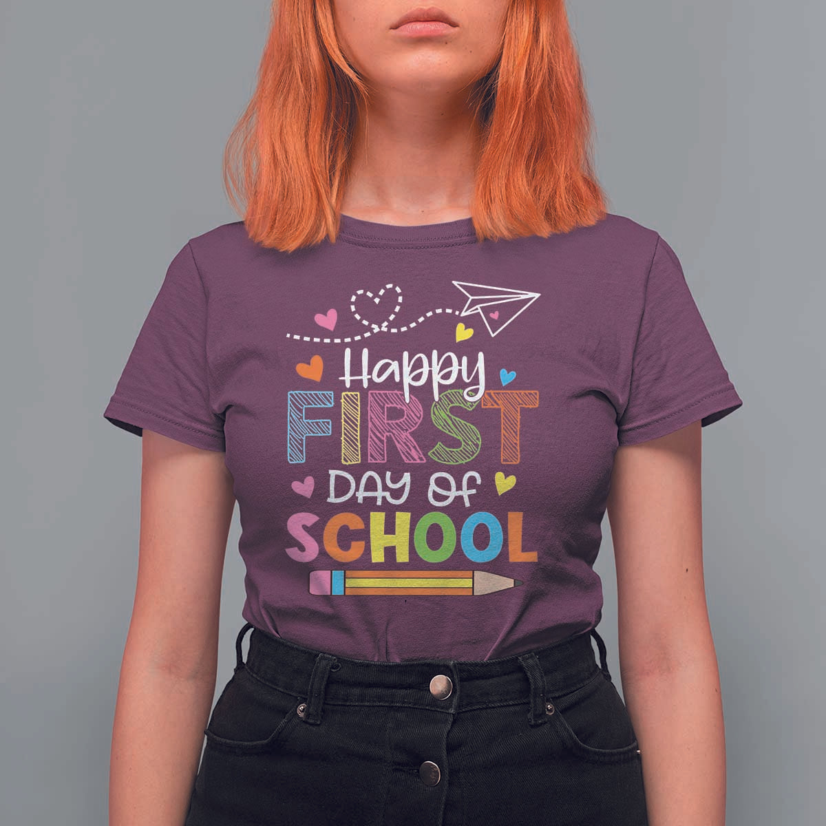 Happy First Day Of School T Shirt For Women Cute Pencil Paper Plane Heart - Wonder Print Shop