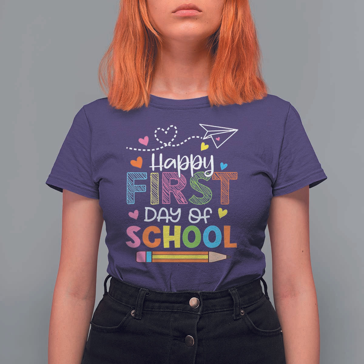 Happy First Day Of School T Shirt For Women Cute Pencil Paper Plane Heart - Wonder Print Shop