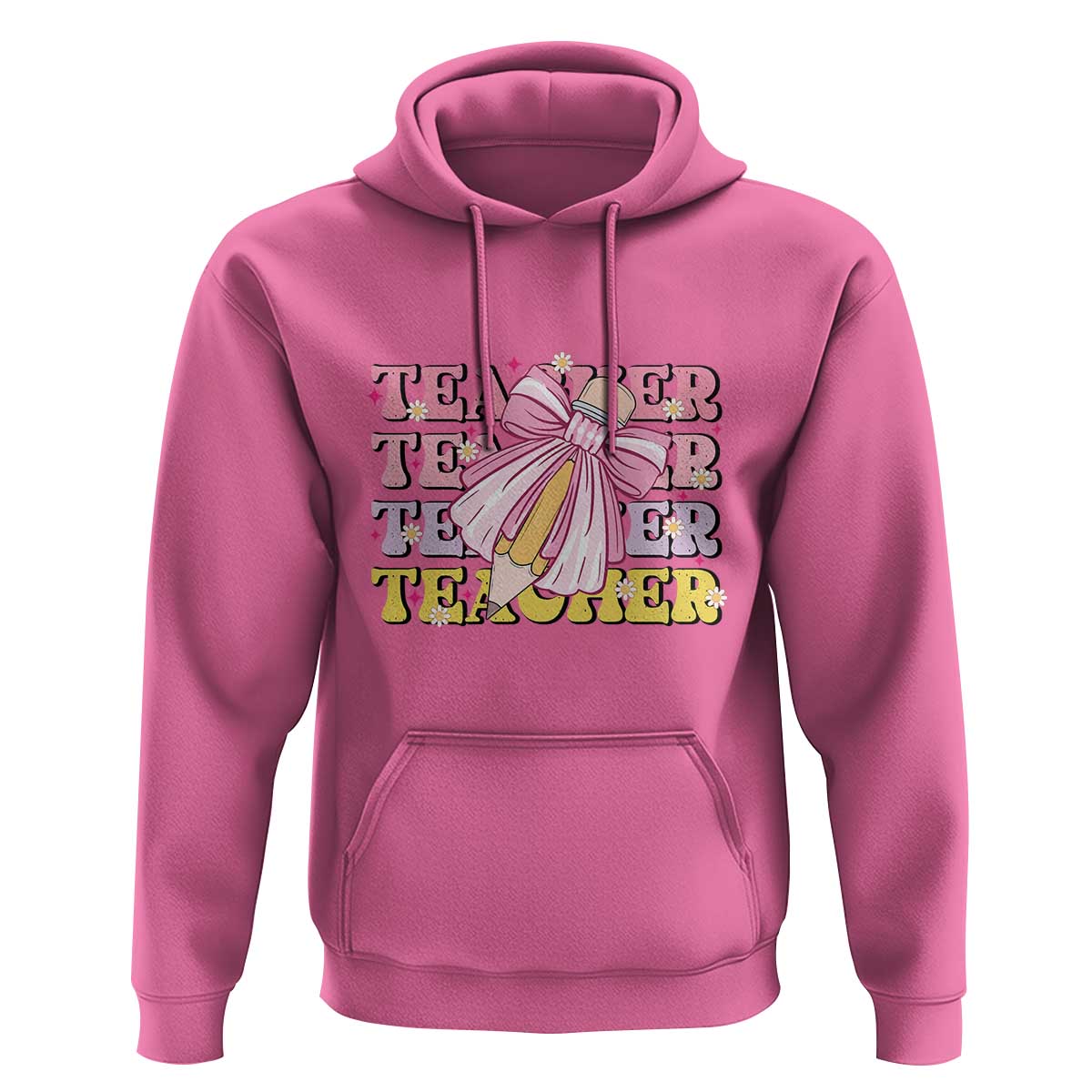 Teacher Hoodie Groovy Pencil Pink Bow Back To School - Wonder Print Shop