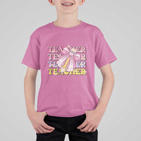 Teacher T Shirt For Kid Groovy Pencil Pink Bow Back To School - Wonder Print Shop