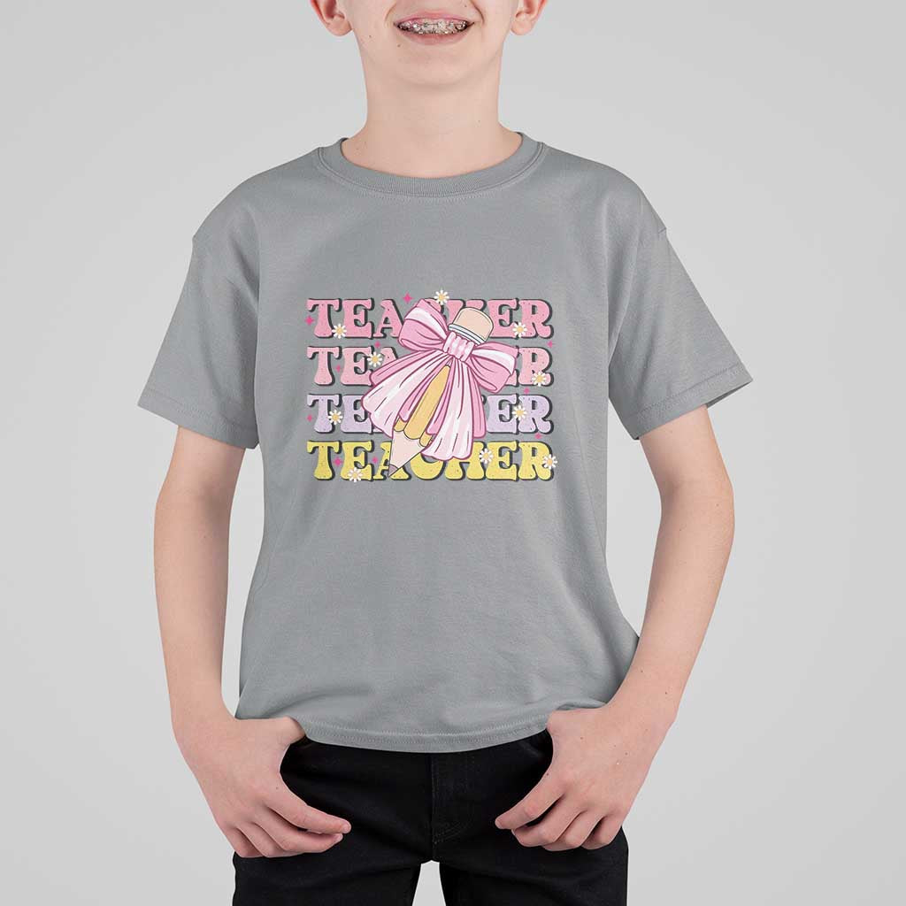 Teacher T Shirt For Kid Groovy Pencil Pink Bow Back To School - Wonder Print Shop