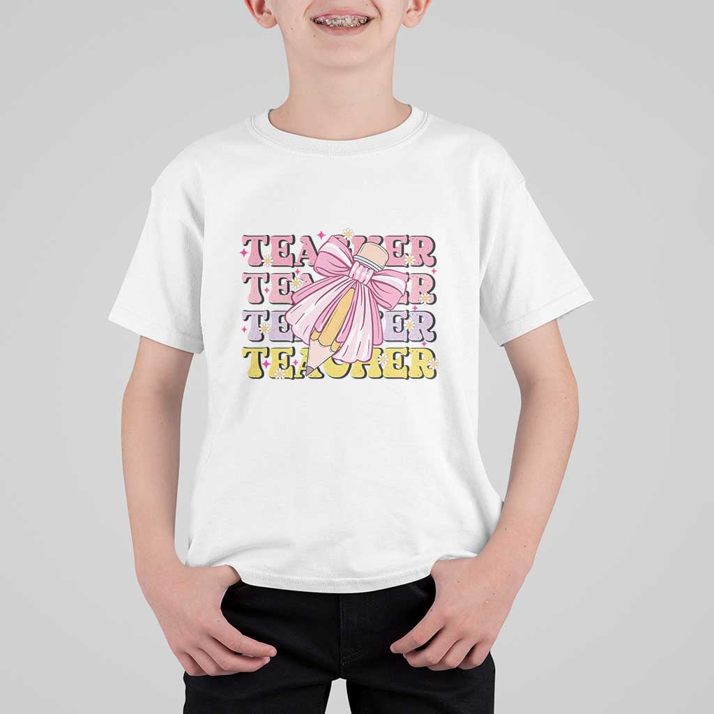 Teacher T Shirt For Kid Groovy Pencil Pink Bow Back To School - Wonder Print Shop