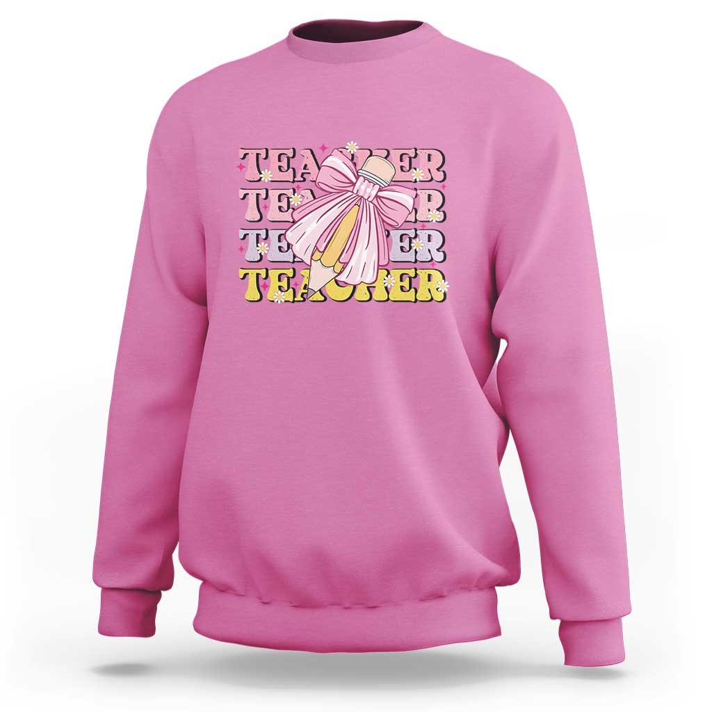 Teacher Sweatshirt Groovy Pencil Pink Bow Back To School - Wonder Print Shop