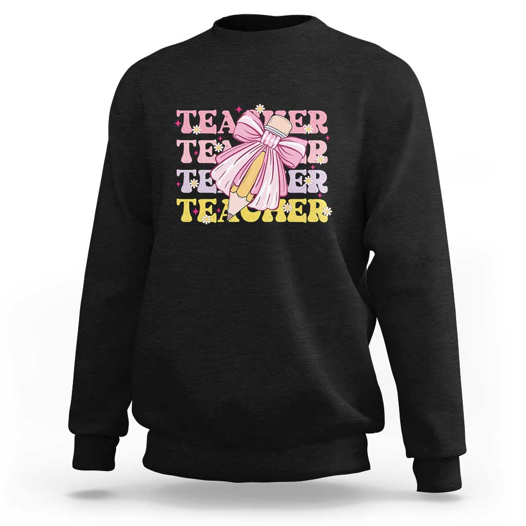 Teacher Sweatshirt Groovy Pencil Pink Bow Back To School - Wonder Print Shop