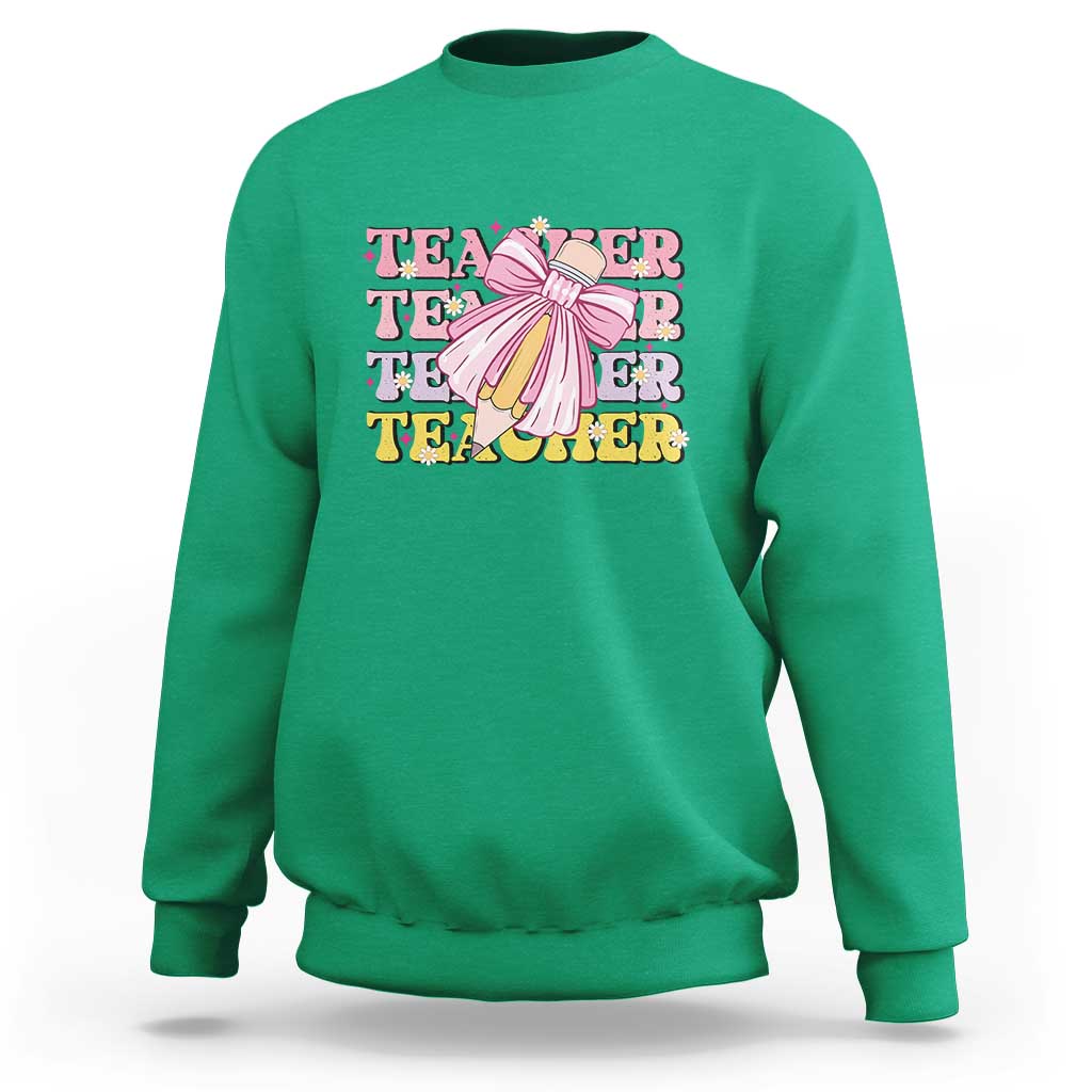 Teacher Sweatshirt Groovy Pencil Pink Bow Back To School - Wonder Print Shop