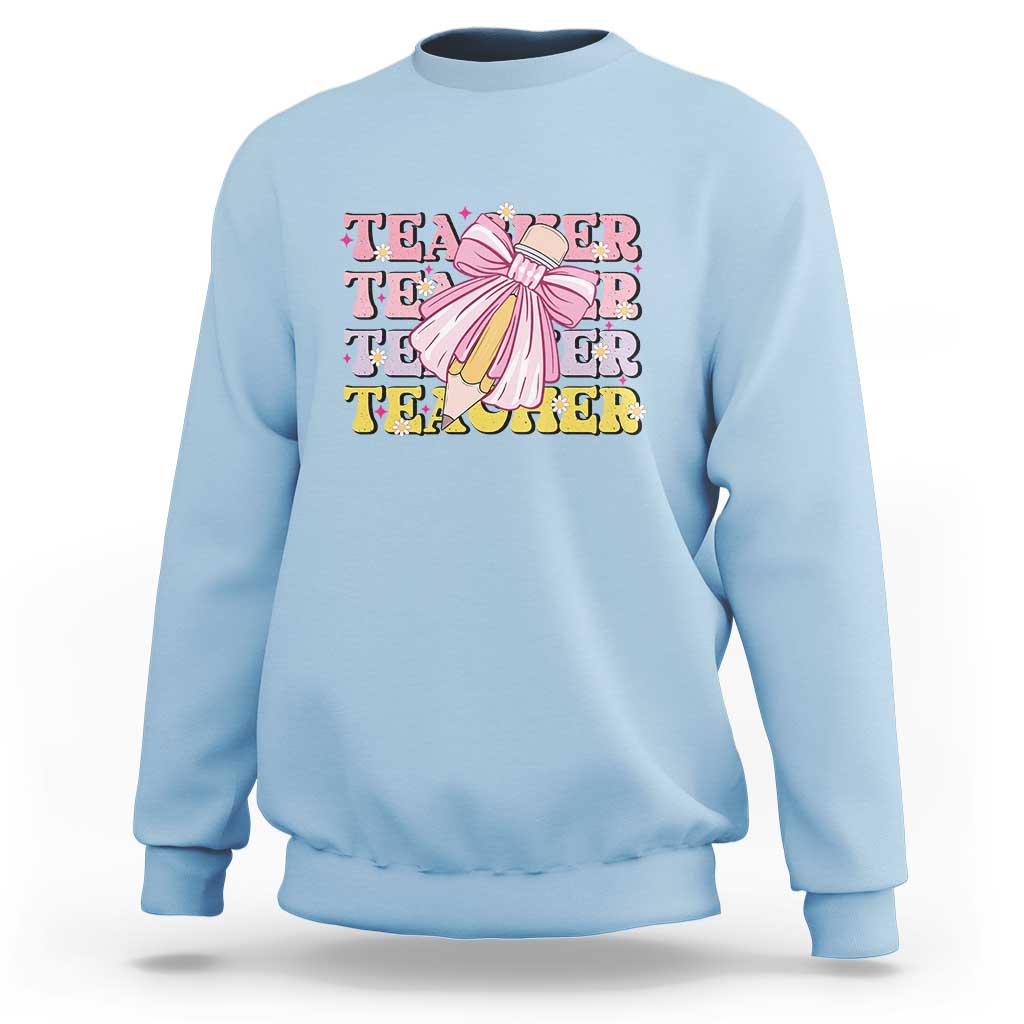 Teacher Sweatshirt Groovy Pencil Pink Bow Back To School - Wonder Print Shop