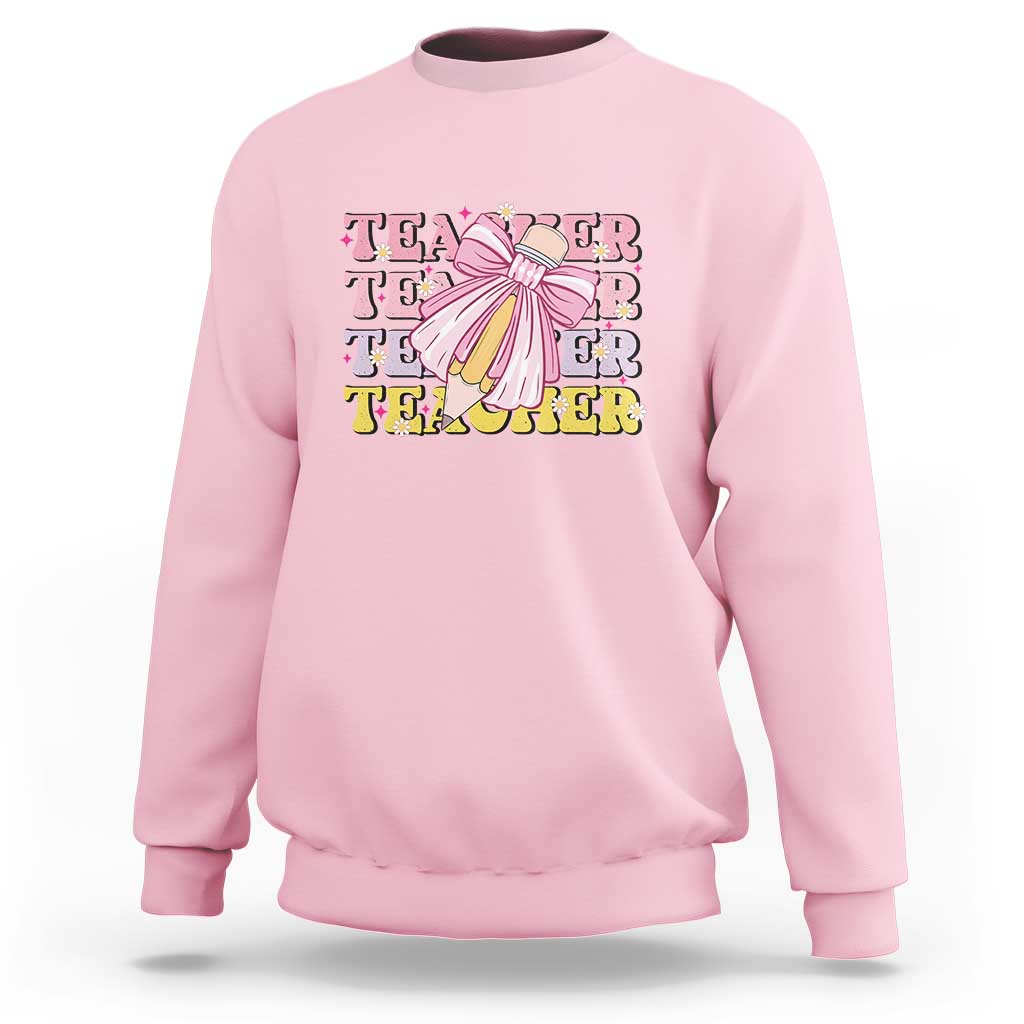 Teacher Sweatshirt Groovy Pencil Pink Bow Back To School - Wonder Print Shop