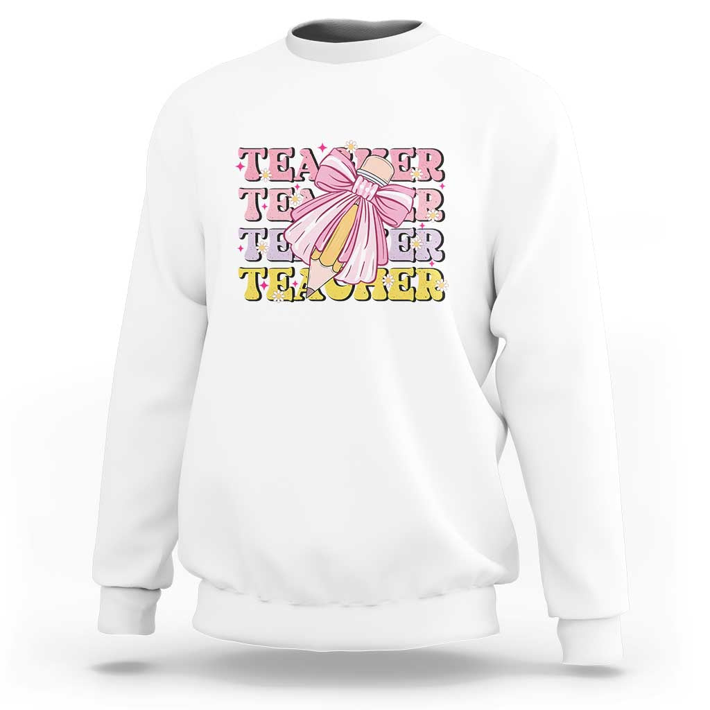 Teacher Sweatshirt Groovy Pencil Pink Bow Back To School - Wonder Print Shop