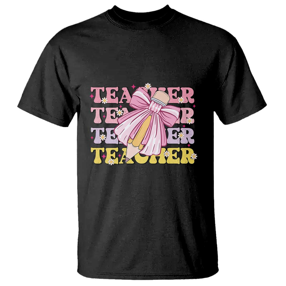 Teacher T Shirt Groovy Pencil Pink Bow Back To School - Wonder Print Shop