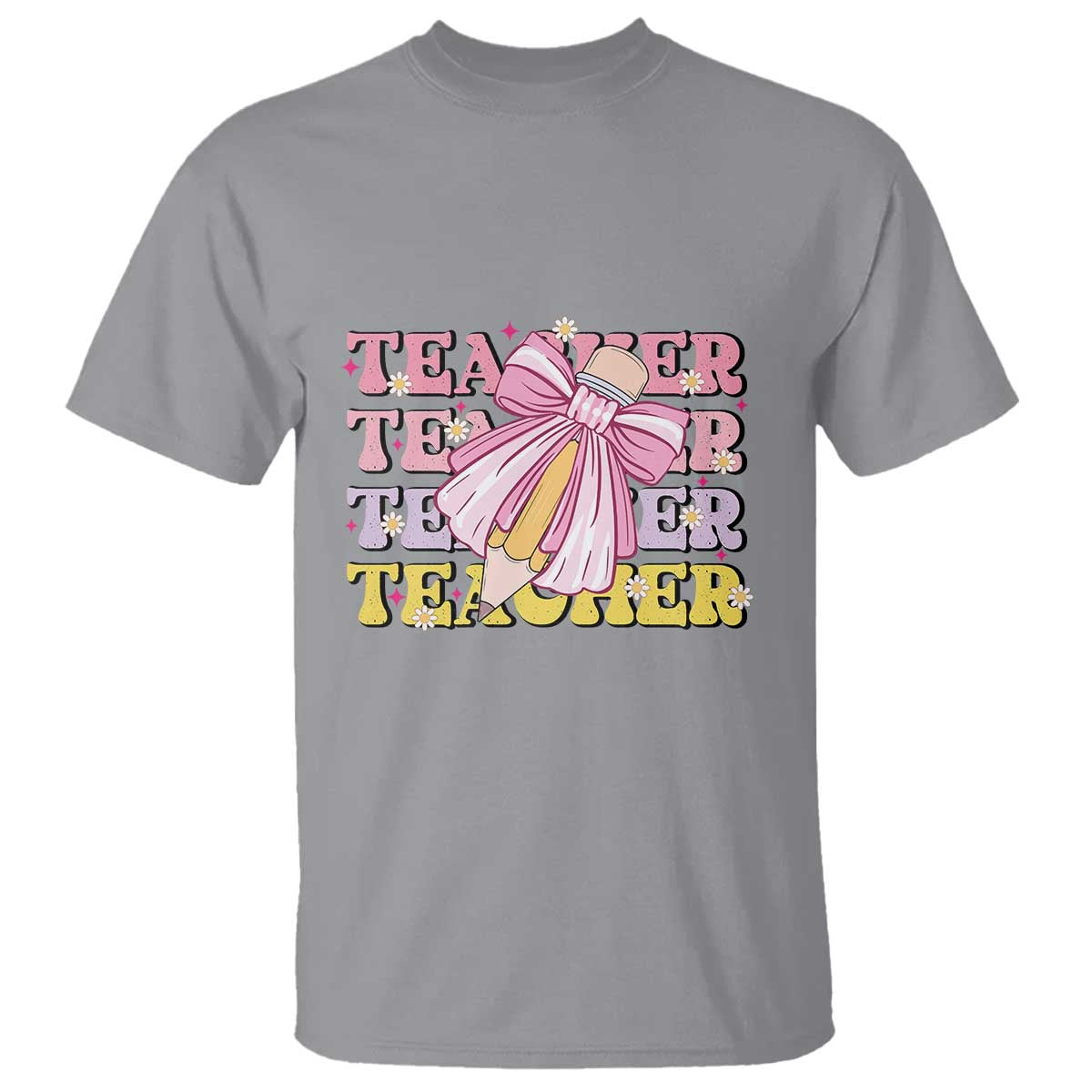Teacher T Shirt Groovy Pencil Pink Bow Back To School - Wonder Print Shop