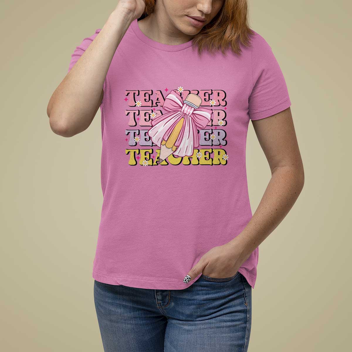 Teacher T Shirt For Women Groovy Pencil Pink Bow Back To School - Wonder Print Shop