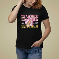 Teacher T Shirt For Women Groovy Pencil Pink Bow Back To School - Wonder Print Shop