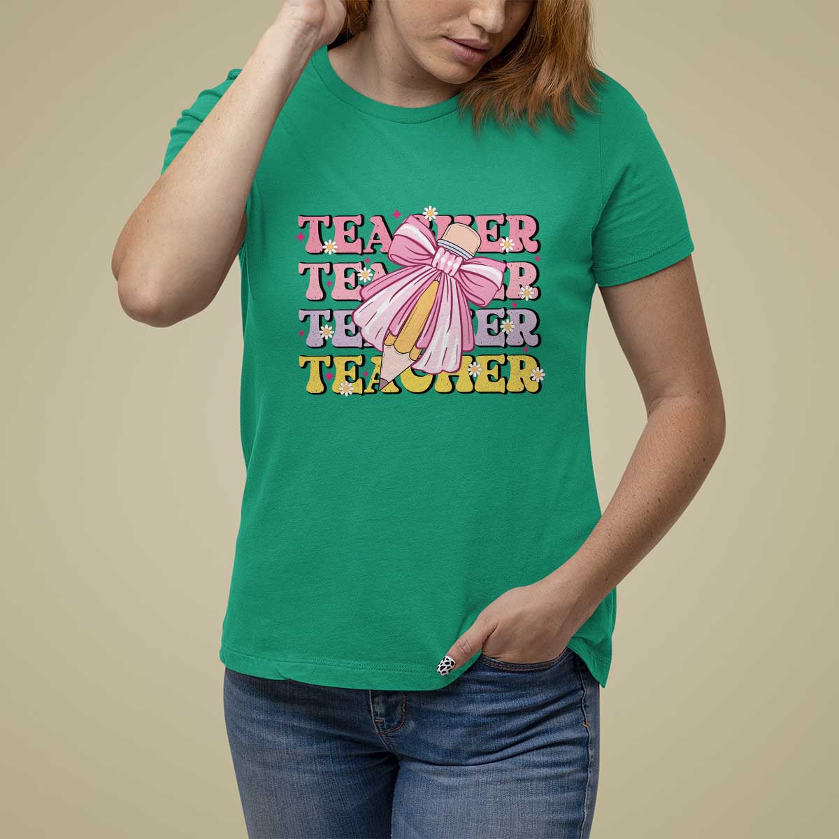 Teacher T Shirt For Women Groovy Pencil Pink Bow Back To School - Wonder Print Shop