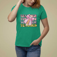Teacher T Shirt For Women Groovy Pencil Pink Bow Back To School - Wonder Print Shop