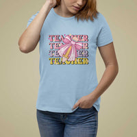 Teacher T Shirt For Women Groovy Pencil Pink Bow Back To School - Wonder Print Shop
