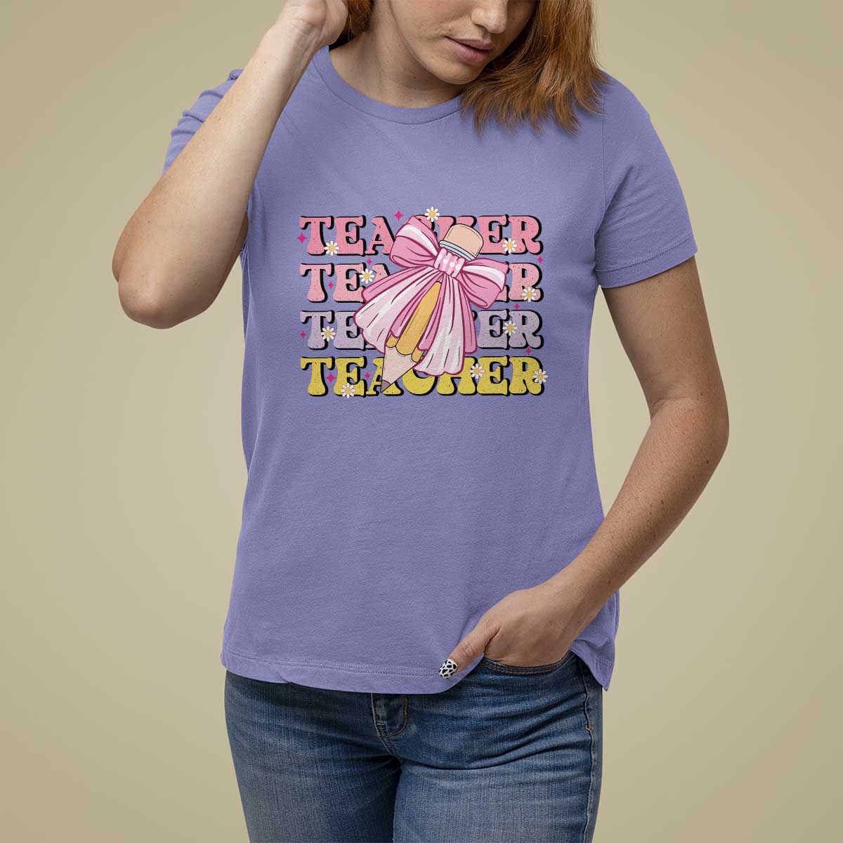 Teacher T Shirt For Women Groovy Pencil Pink Bow Back To School - Wonder Print Shop