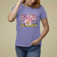 Teacher T Shirt For Women Groovy Pencil Pink Bow Back To School - Wonder Print Shop