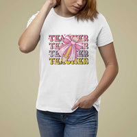 Teacher T Shirt For Women Groovy Pencil Pink Bow Back To School - Wonder Print Shop