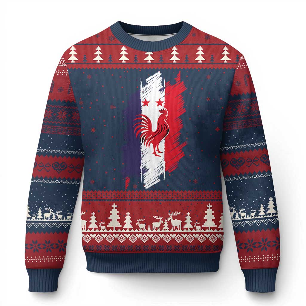 France Gallic Rooster Football Two Stars Brushstroke French Flag Graphic Ugly Christmas Sweater