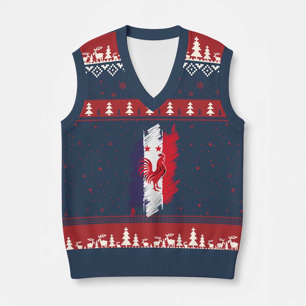 France Gallic Rooster Football Two Stars Brushstroke French Flag Graphic V-Neck Knit Sweater Vest