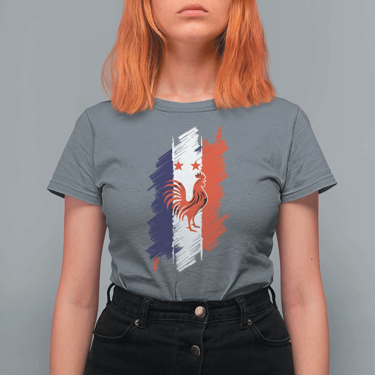 France Gallic Rooster Football Two Stars Brushstroke French Flag Graphic T Shirt For Women