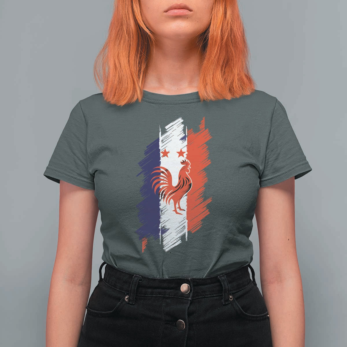 France Gallic Rooster Football Two Stars Brushstroke French Flag Graphic T Shirt For Women