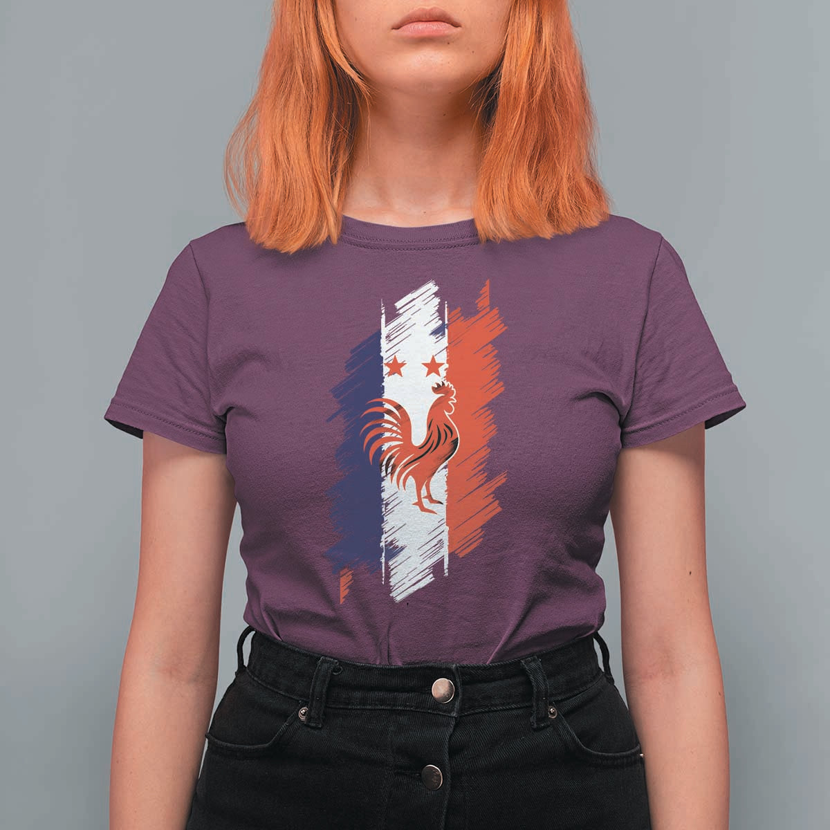France Gallic Rooster Football Two Stars Brushstroke French Flag Graphic T Shirt For Women