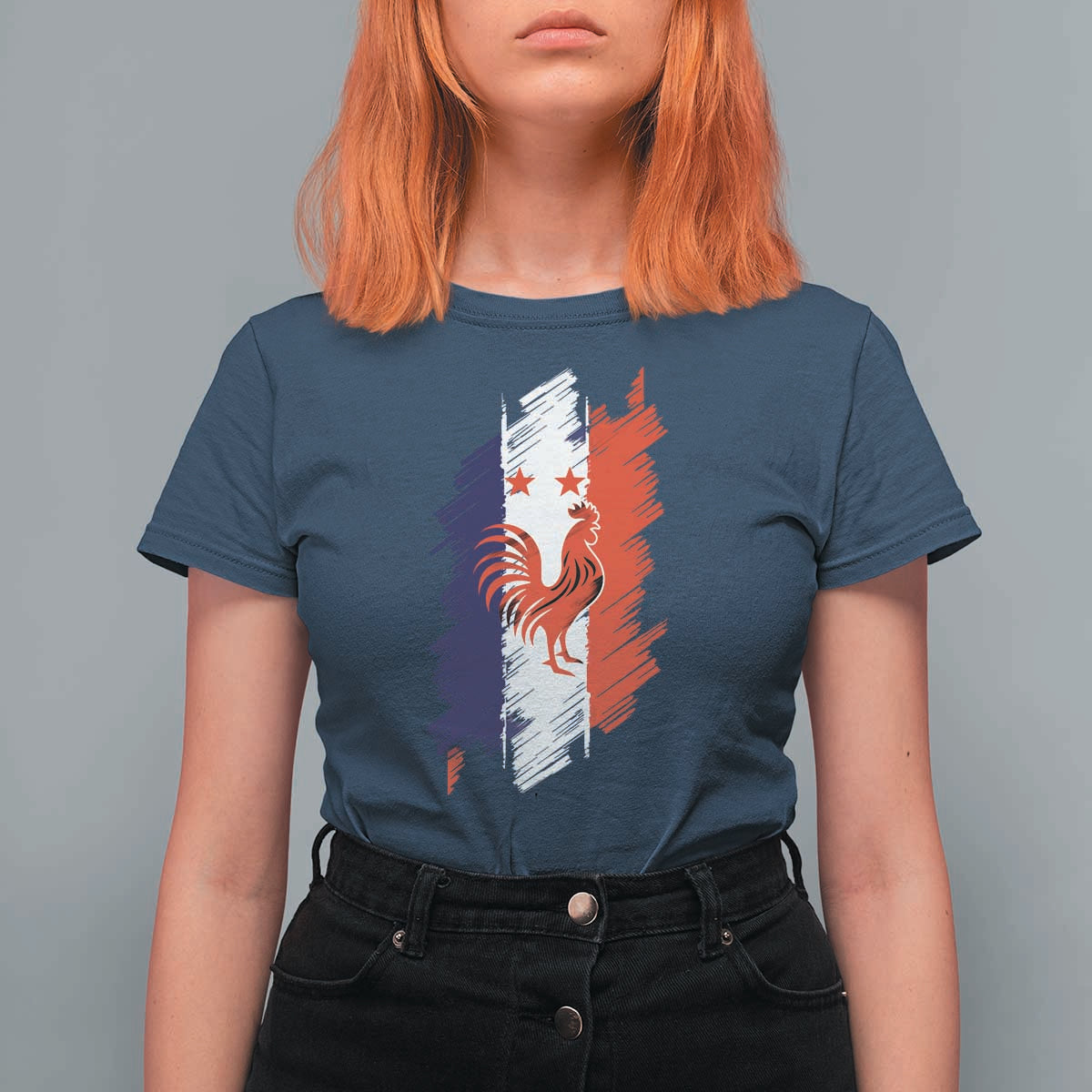 France Gallic Rooster Football Two Stars Brushstroke French Flag Graphic T Shirt For Women