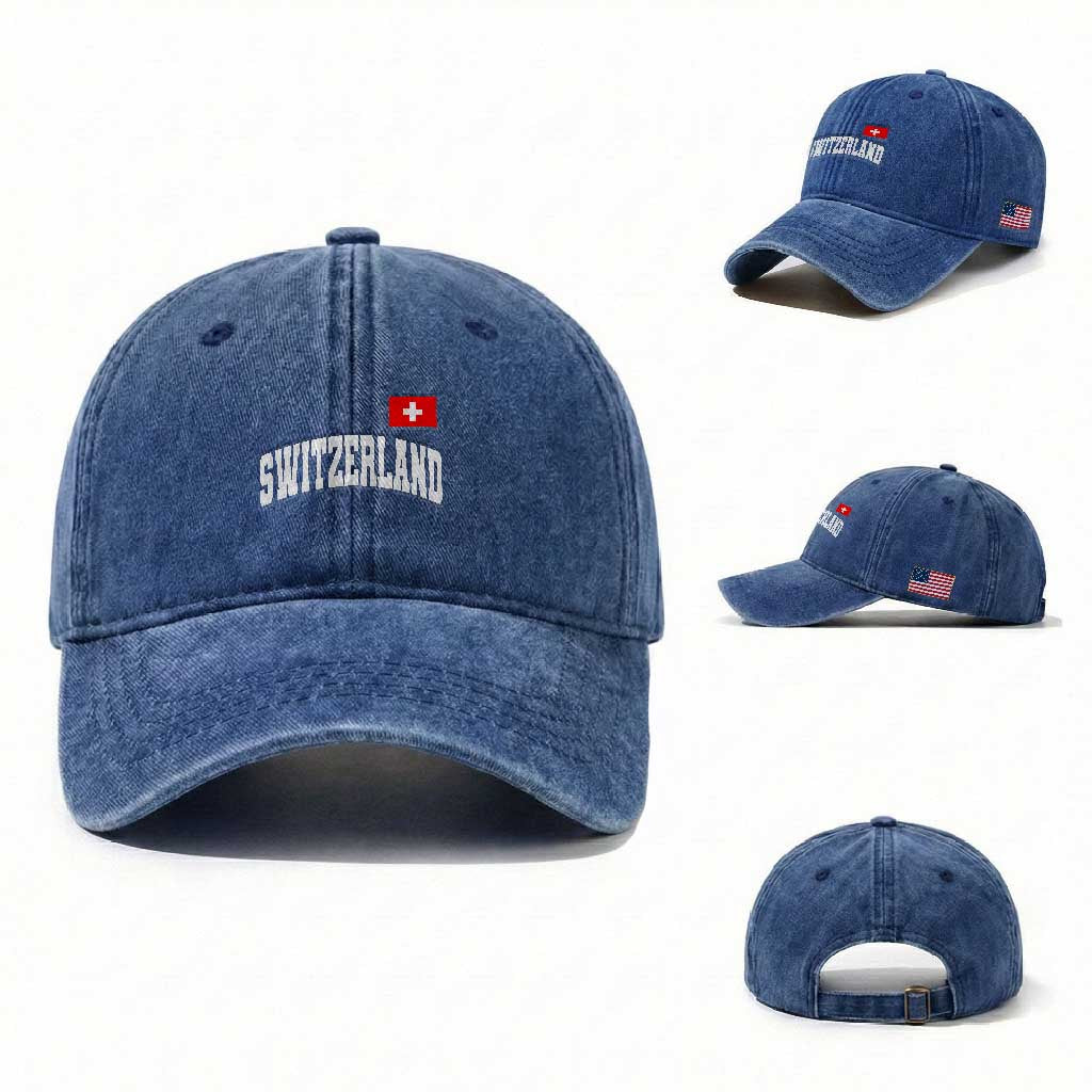 Switzerland Sports Throwback Design Washed Cotton Baseball Cap Vintage Swiss Flag Soccer Jersey Style