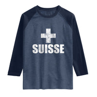 Suisse Swiss French Vintage Cross Flag Switzerland Roots Raglan Shirt